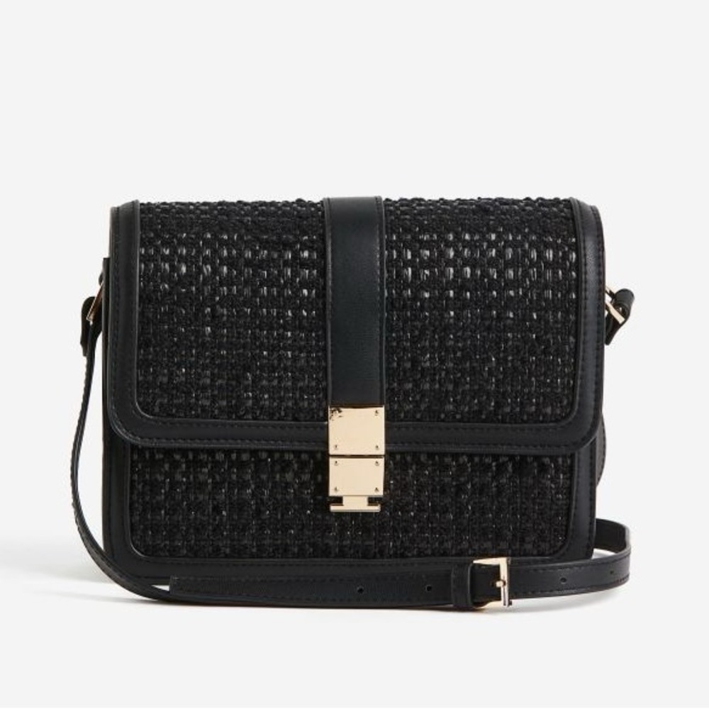 Black Woven Textured Crossbody Bag